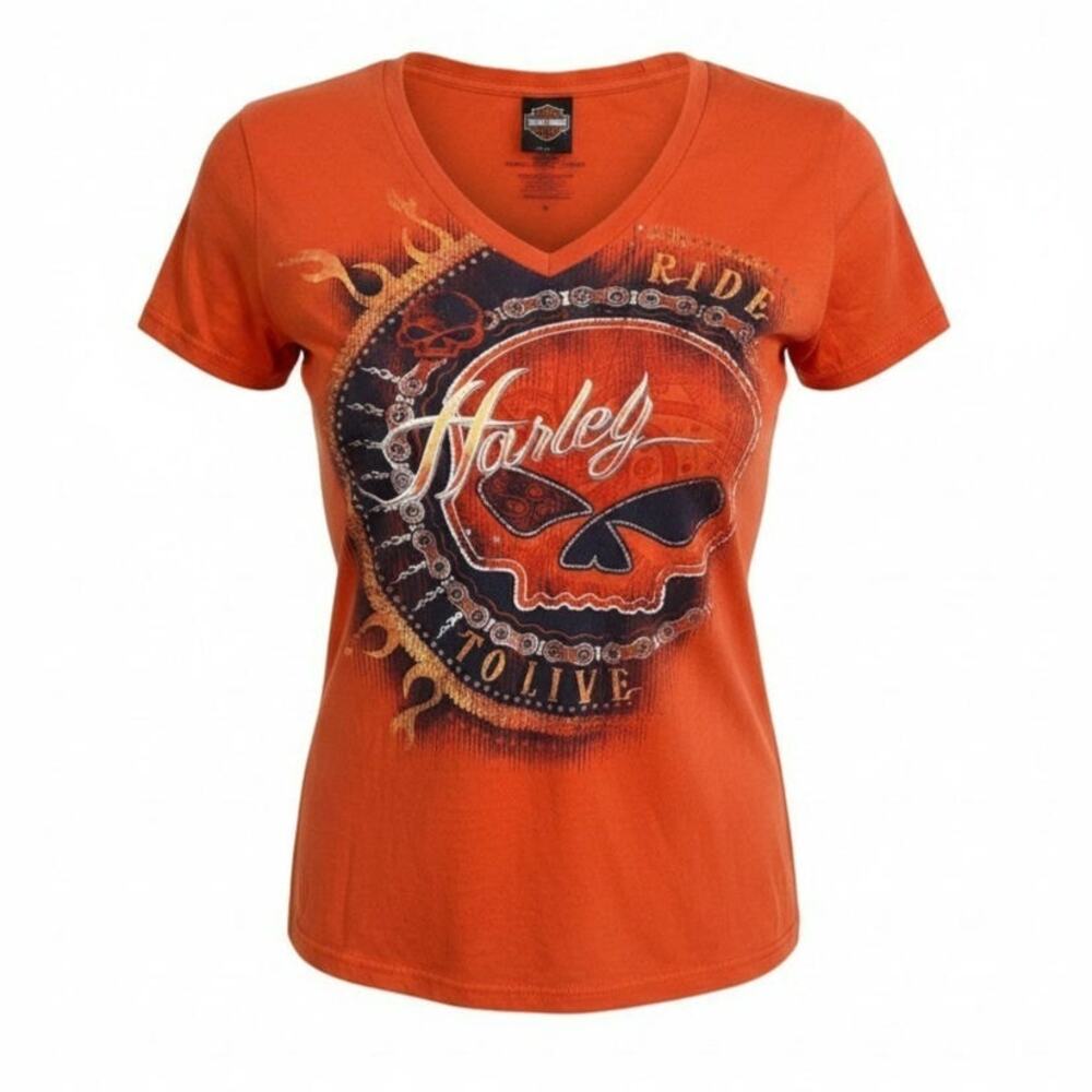 NEW Harley Davidson Women's Bold Skull Flames Orange Reflective T-Shirt Size XL